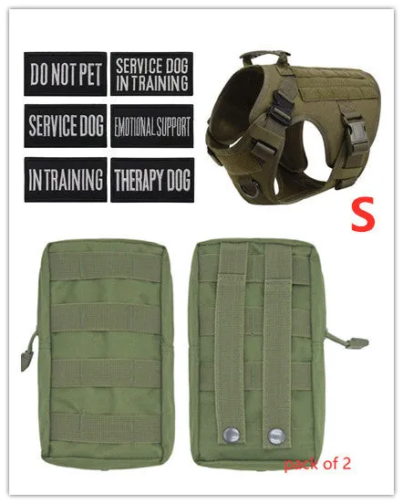 Military tactical dog harness in khaki with adjustable straps, pockets, and metal connection points on a German Shepherd