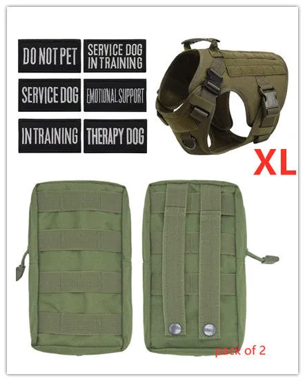 Military tactical dog harness in khaki with adjustable straps, pockets, and metal connection points on a German Shepherd