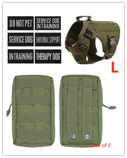 Military tactical dog harness in khaki with adjustable straps, pockets, and metal connection points on a German Shepherd