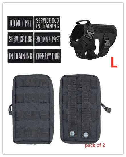 Military tactical dog harness in khaki with adjustable straps, pockets, and metal connection points on a German Shepherd