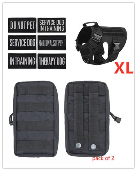 Military tactical dog harness in khaki with adjustable straps, pockets, and metal connection points on a German Shepherd