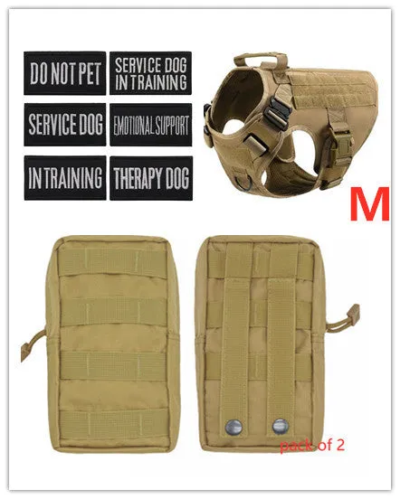 Military tactical dog harness in khaki with adjustable straps, pockets, and metal connection points on a German Shepherd