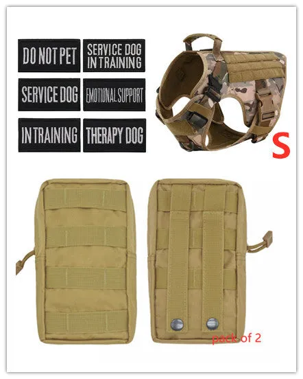 Military tactical dog harness in khaki with adjustable straps, pockets, and metal connection points on a German Shepherd