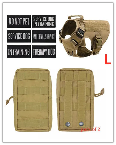 Military tactical dog harness in khaki with adjustable straps, pockets, and metal connection points on a German Shepherd