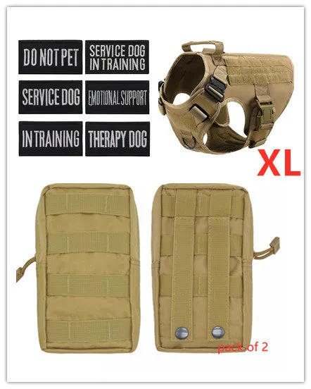 Military tactical dog harness in khaki with adjustable straps, pockets, and metal connection points on a German Shepherd