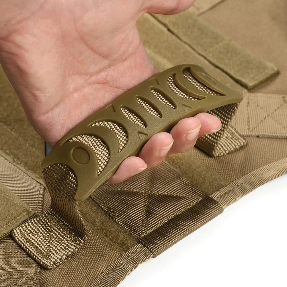 Military tactical dog harness in khaki with adjustable straps, pockets, and metal connection points on a German Shepherd
