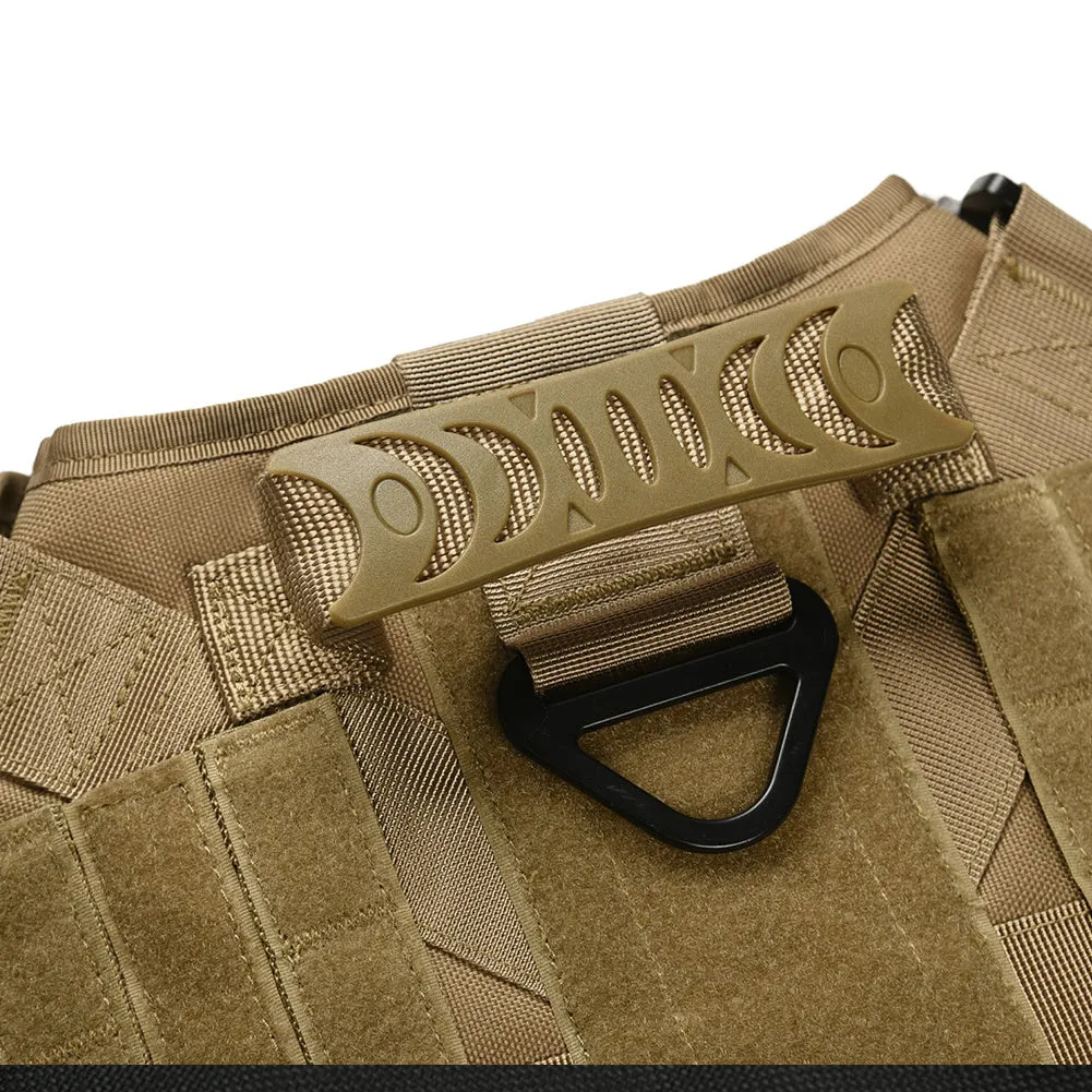 Military tactical dog harness in khaki with adjustable straps, pockets, and metal connection points on a German Shepherd