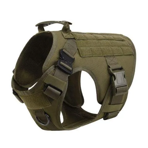 Military tactical dog harness in khaki with adjustable straps, pockets, and metal connection points on a German Shepherd
