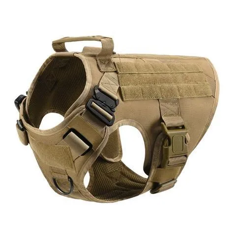 Military tactical dog harness in khaki with adjustable straps, pockets, and metal connection points on a German Shepherd