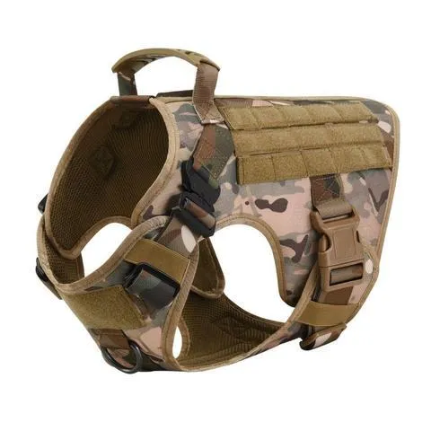 Military tactical dog harness in khaki with adjustable straps, pockets, and metal connection points on a German Shepherd