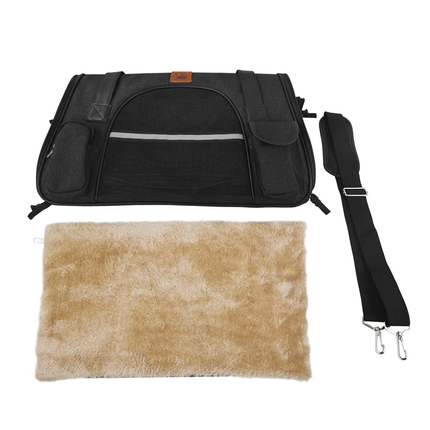 Small dog carrier travel car seat made of Oxford cloth in dark grey colour on a car seat