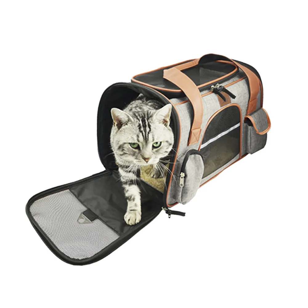Small dog carrier travel car seat made of Oxford cloth in dark grey colour on a car seat