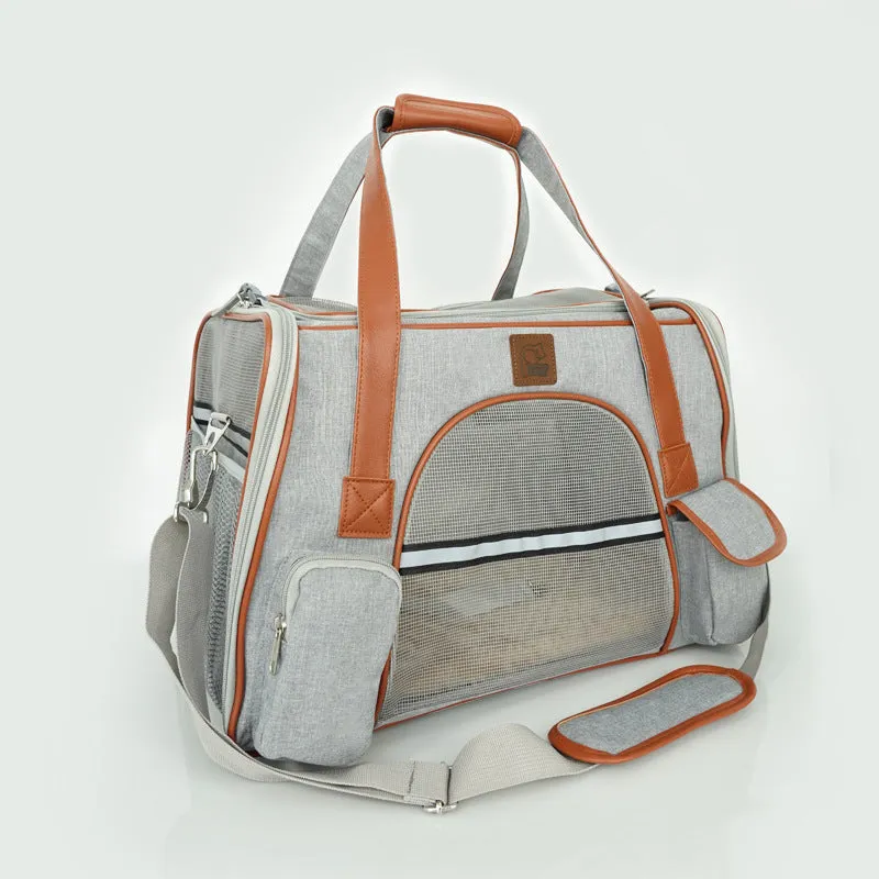 Small dog carrier travel car seat made of Oxford cloth in dark grey colour on a car seat