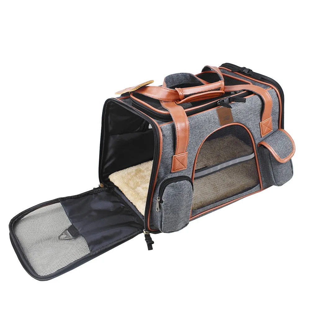 Small dog carrier travel car seat made of Oxford cloth in dark grey colour on a car seat
