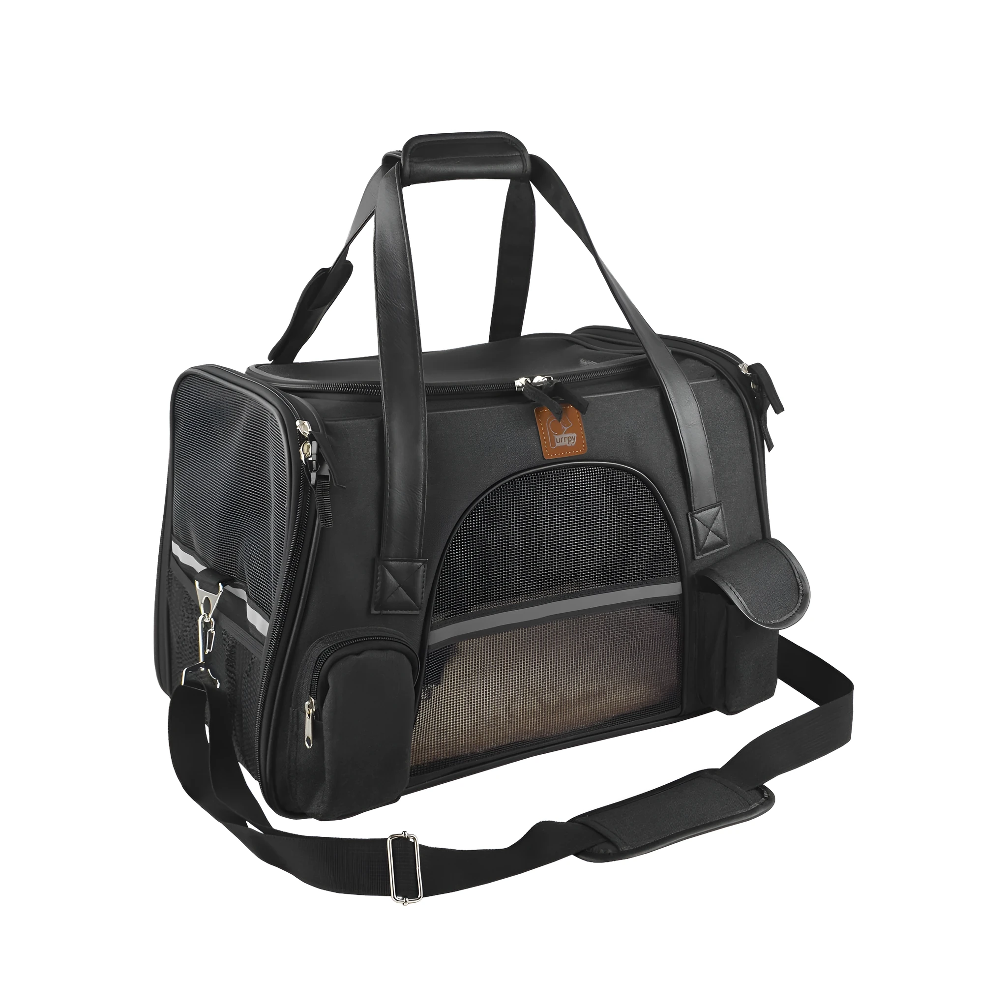 Small dog carrier travel car seat made of Oxford cloth in dark grey colour on a car seat