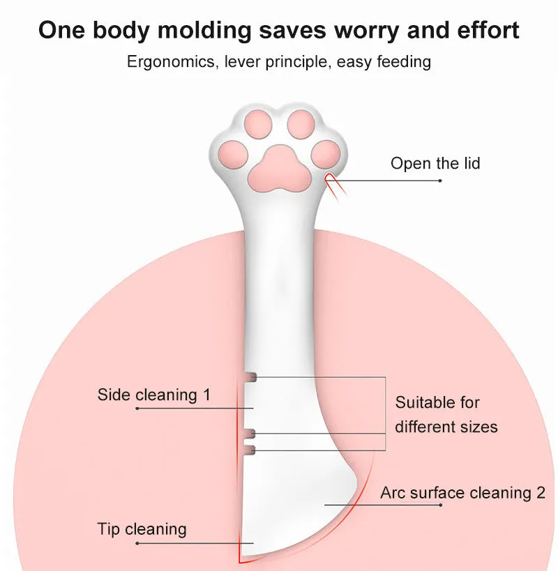 Multifunction silicone pet food spoon and can opener with pink lid, 5.1 inches long, paw-shaped scoop, white background