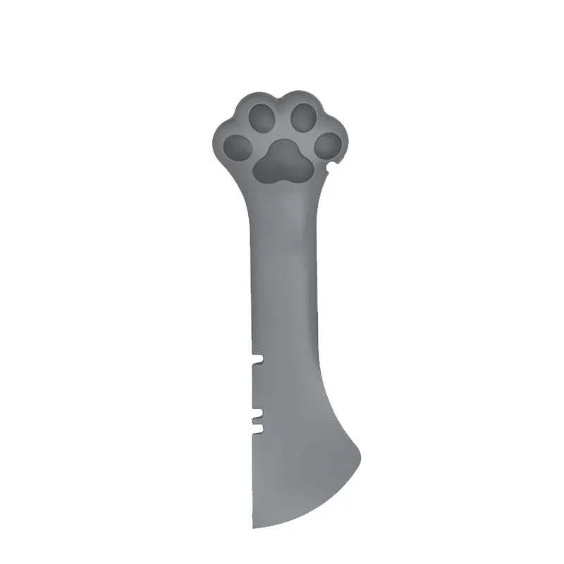 Multifunction silicone pet food spoon and can opener with pink lid, 5.1 inches long, paw-shaped scoop, white background