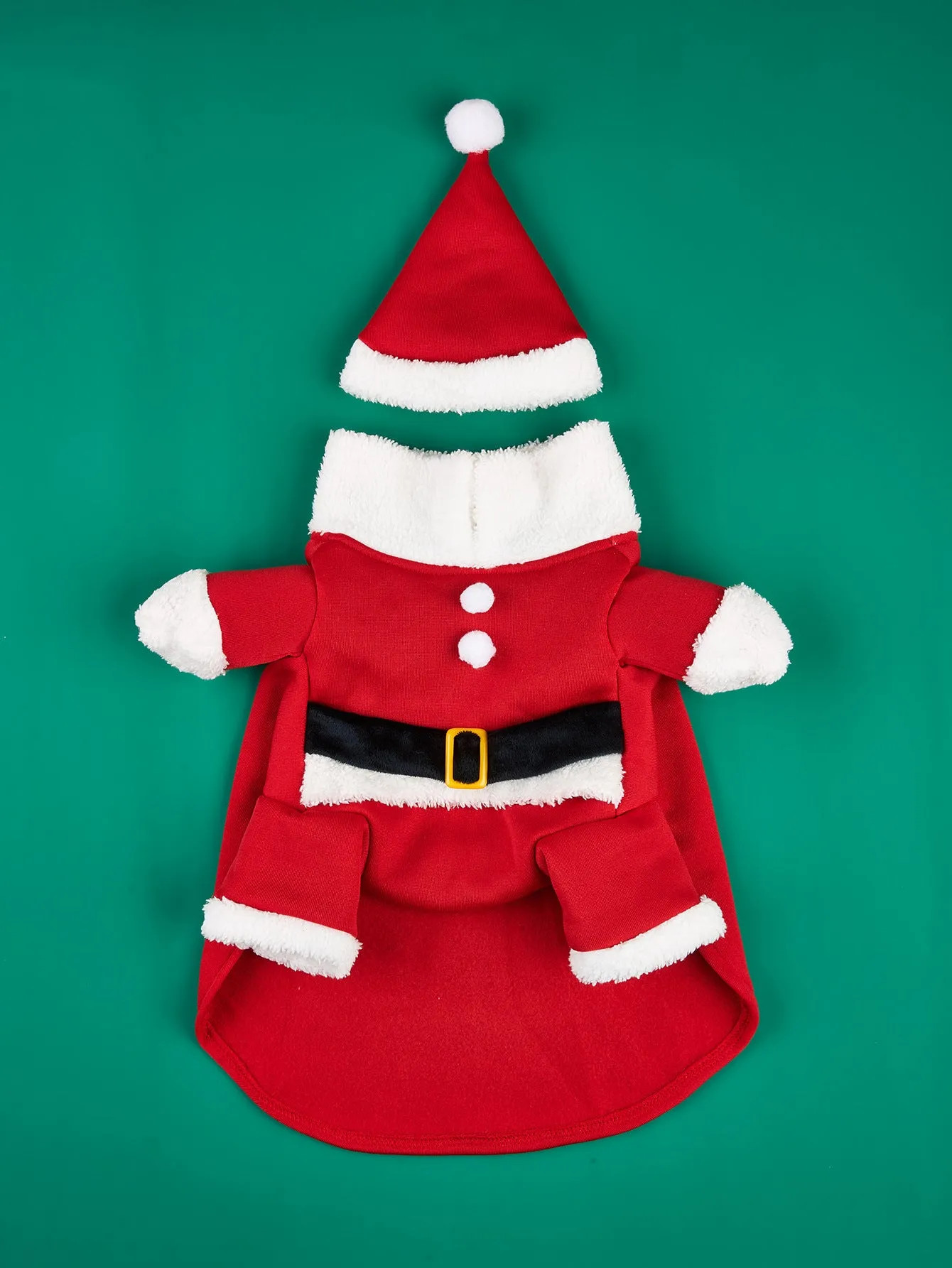 Red polyester Christmas pet costume on a small dog with matching cap