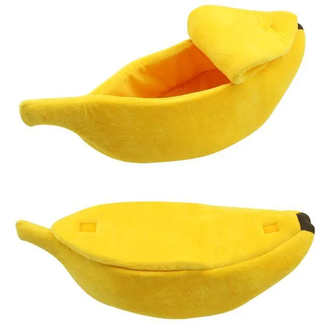 Banana shape pet house dog bed in yellow super soft short plush fabric with thick sponge cushioning