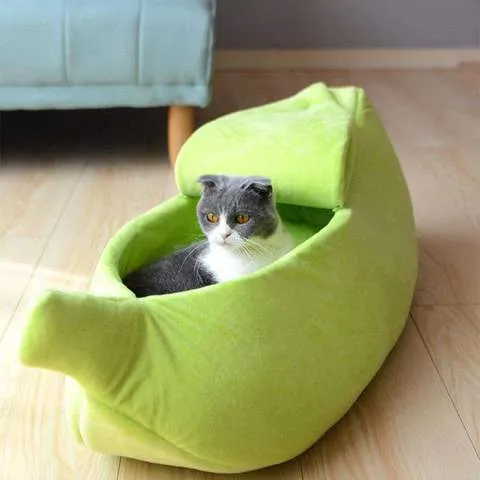 Banana shape pet house dog bed in yellow super soft short plush fabric with thick sponge cushioning
