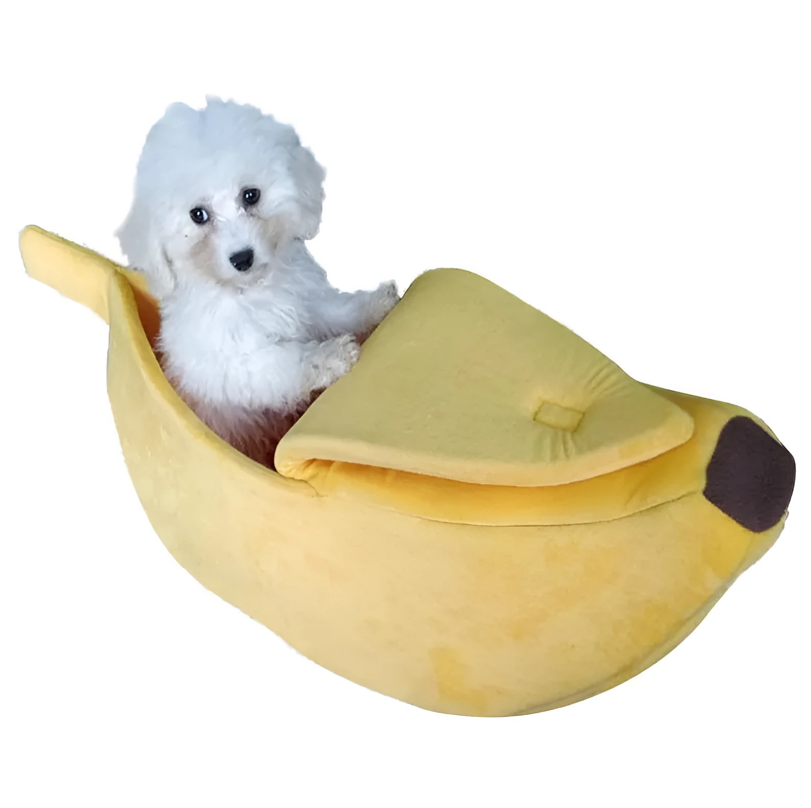 Banana shape pet house dog bed in yellow super soft short plush fabric with thick sponge cushioning