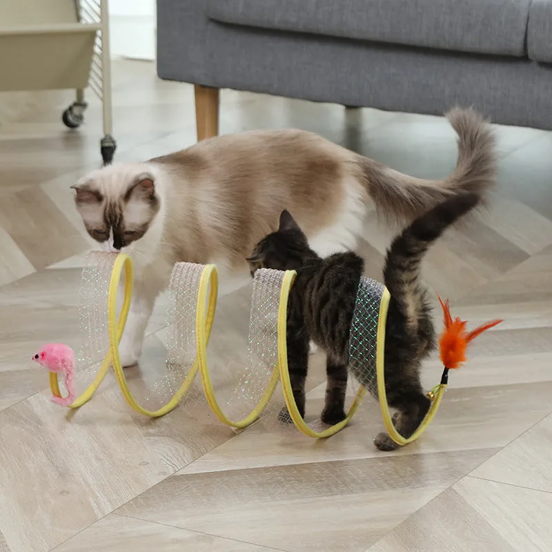 Foldable cat tunnel toy set with hanging feather and sisal ball toys, 50cm long