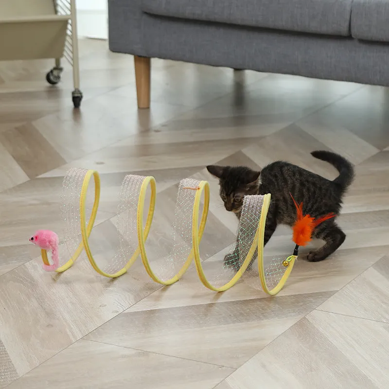 Foldable cat tunnel toy set with hanging feather and sisal ball toys, 50cm long