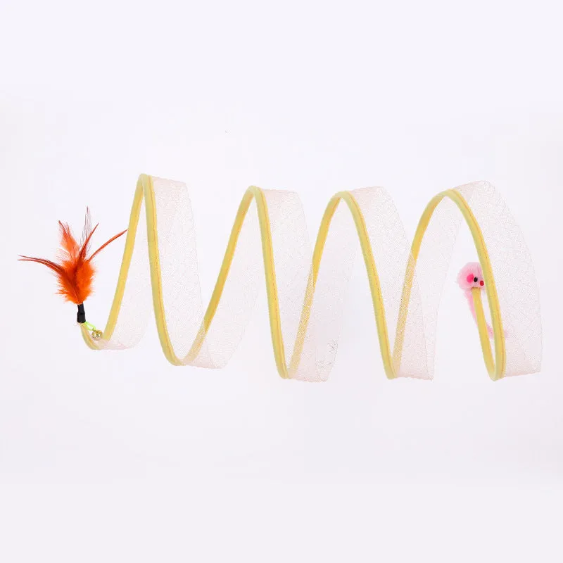 Foldable cat tunnel toy set with hanging feather and sisal ball toys, 50cm long