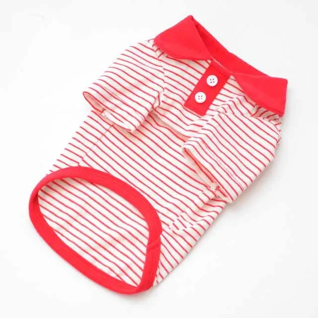 Pet colour striped polo shirt in cotton spandex blend with red stripes, available in multiple sizes for dogs and cats