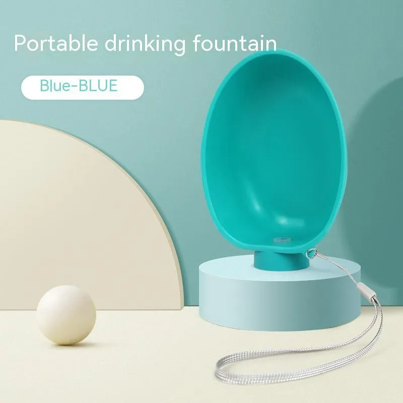 Portable dog drinking bowl in blue, 125x95x40mm, ABS material, slow-flow valve for outdoor dog feeding