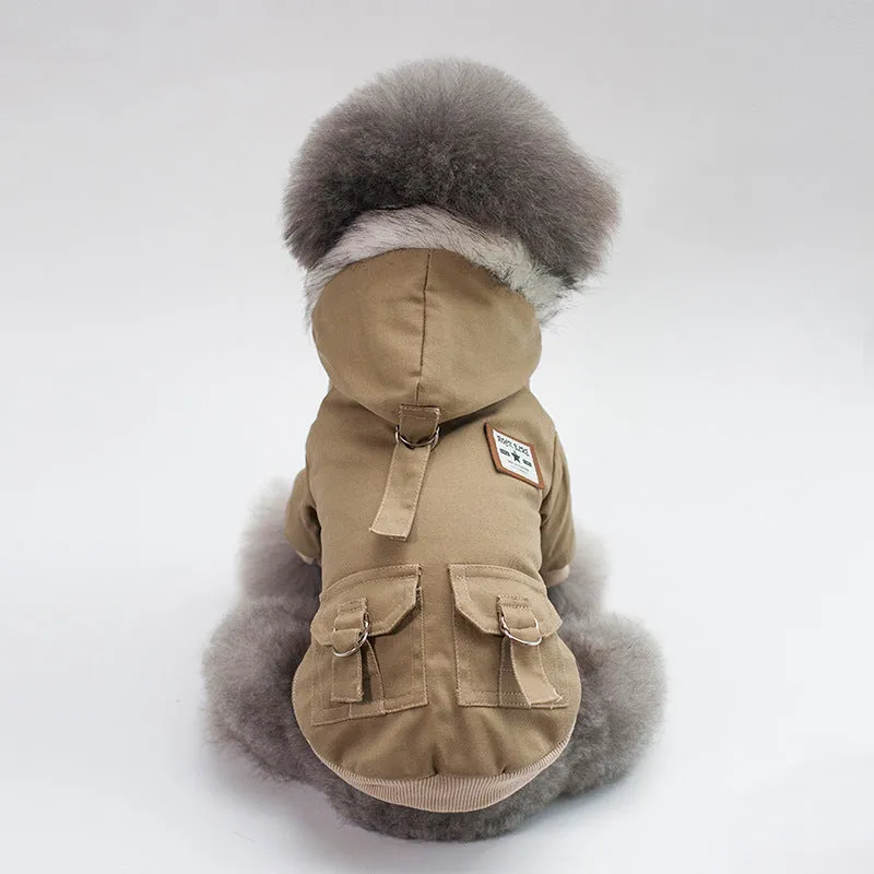 Small dog wearing a grey cotton and wool hooded coat standing on grass