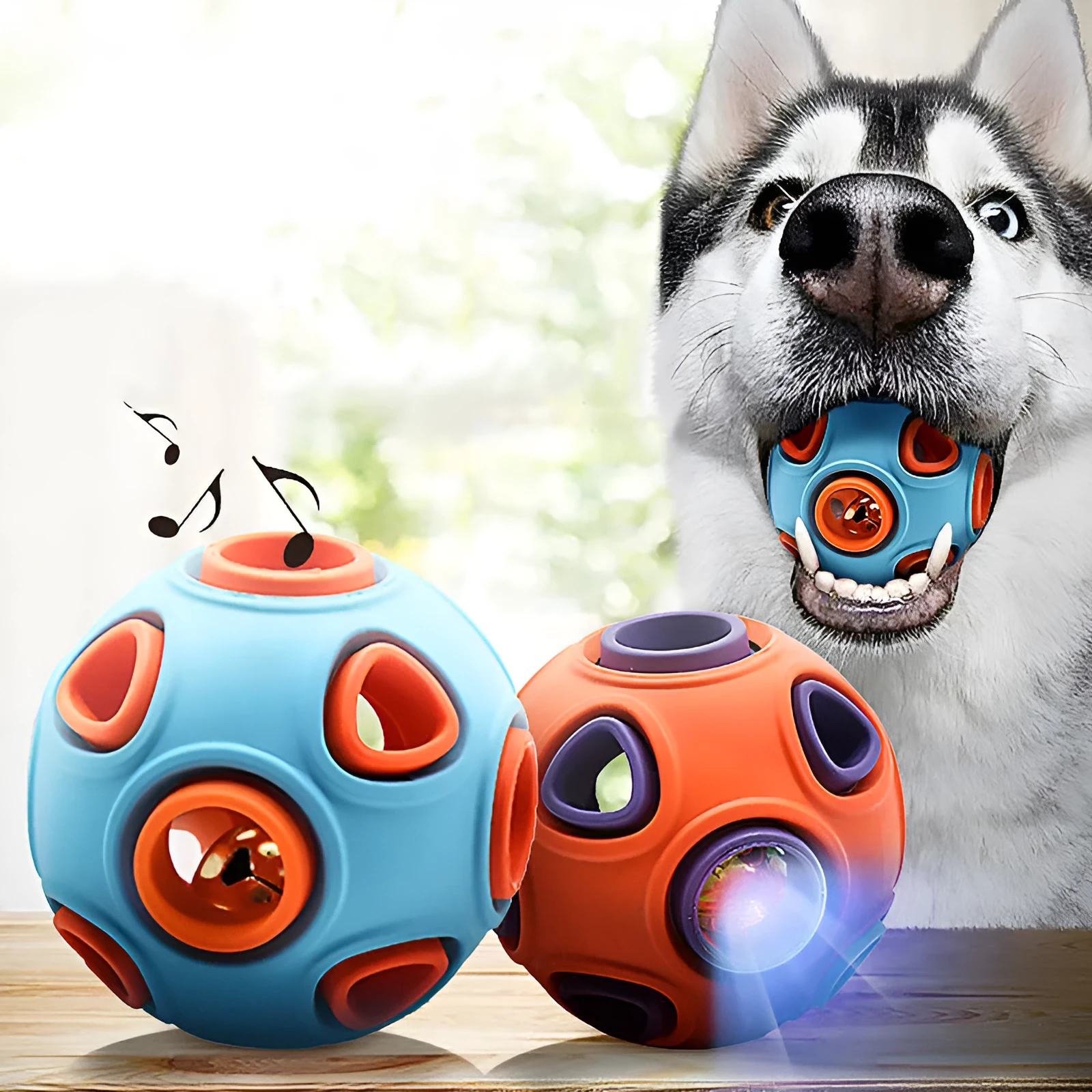 Interactive luminous sounding dog toy ball in rubber with light and bell, showing blue glow option