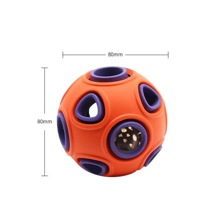 Interactive luminous sounding dog toy ball in rubber with light and bell, showing blue glow option