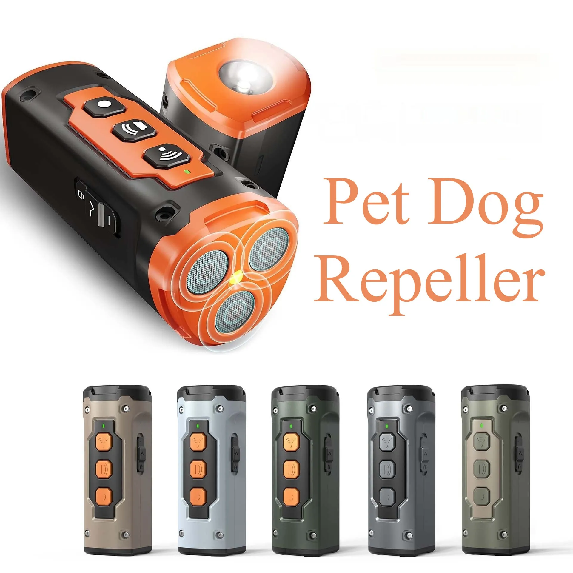 Dog Drive Ultrasonic three-head bark deterrent with LED flashlight in orange plastic case