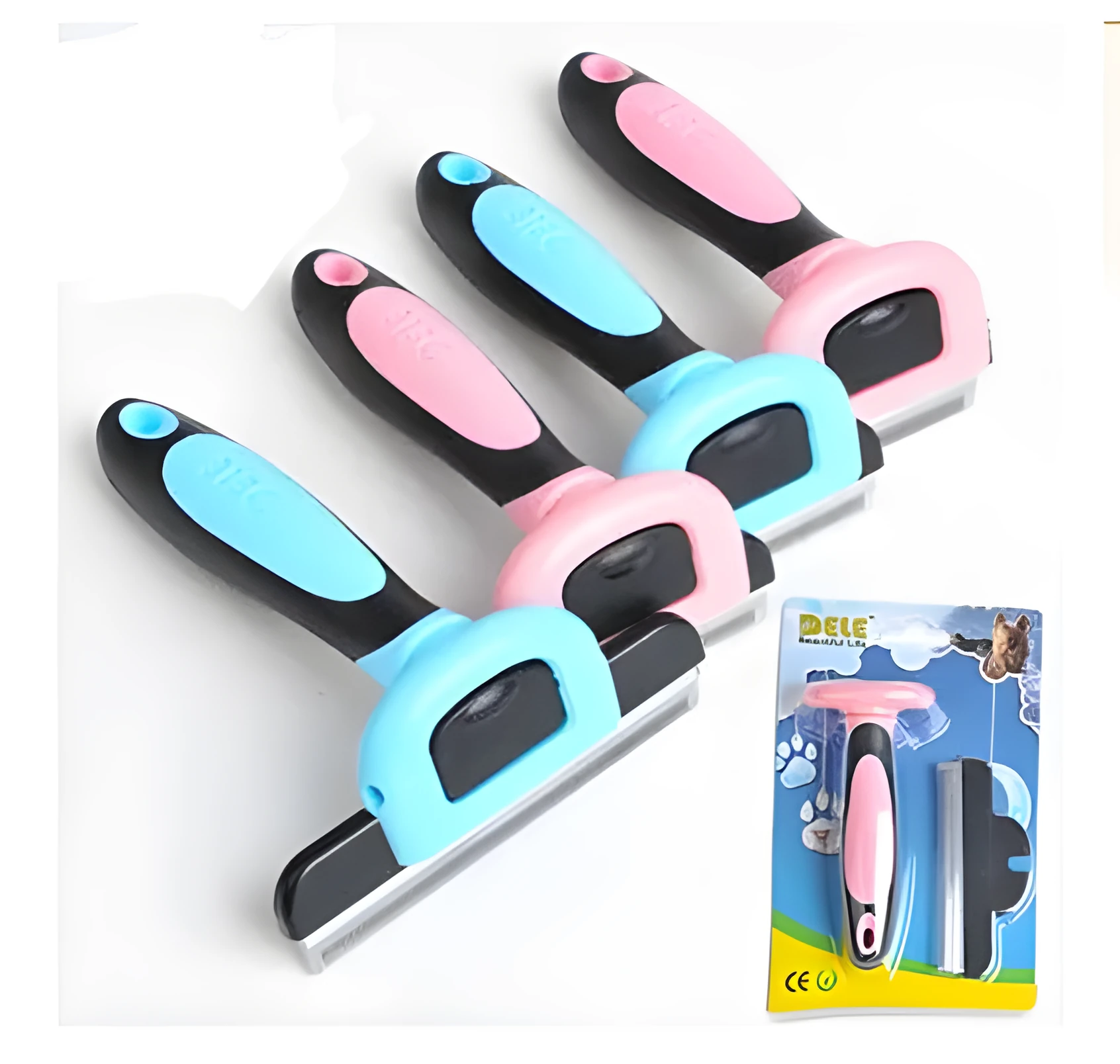 Pet hair removal comb for long straight hair, available in blue or pink, three sizes: S 130x50mm, M 130x66mm, L 130x100mm