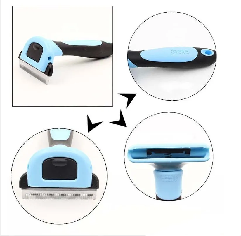 Pet hair removal comb for long straight hair, available in blue or pink, three sizes: S 130x50mm, M 130x66mm, L 130x100mm