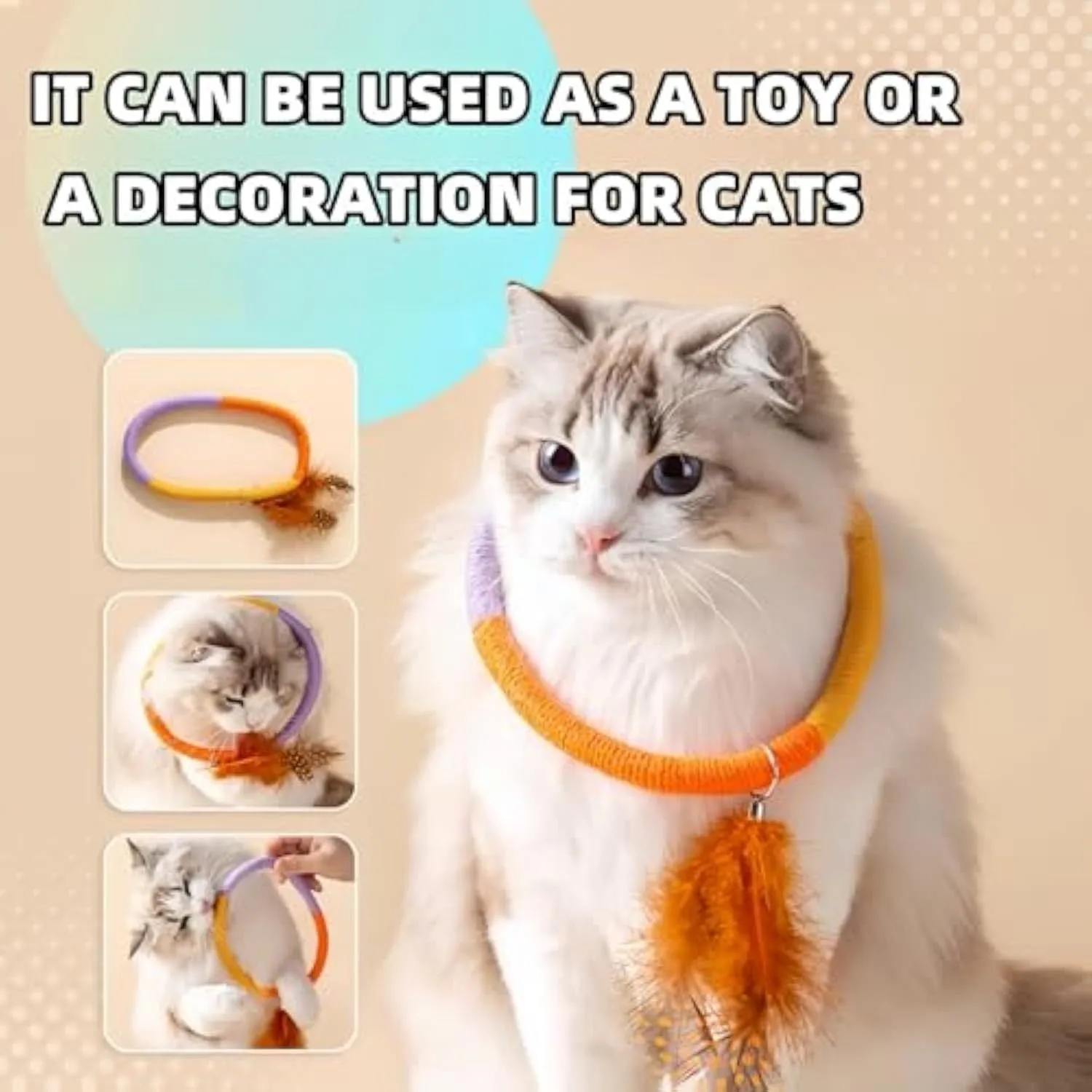 Green circular cotton rope cat toy with feathers and catnip for chewing and interactive play