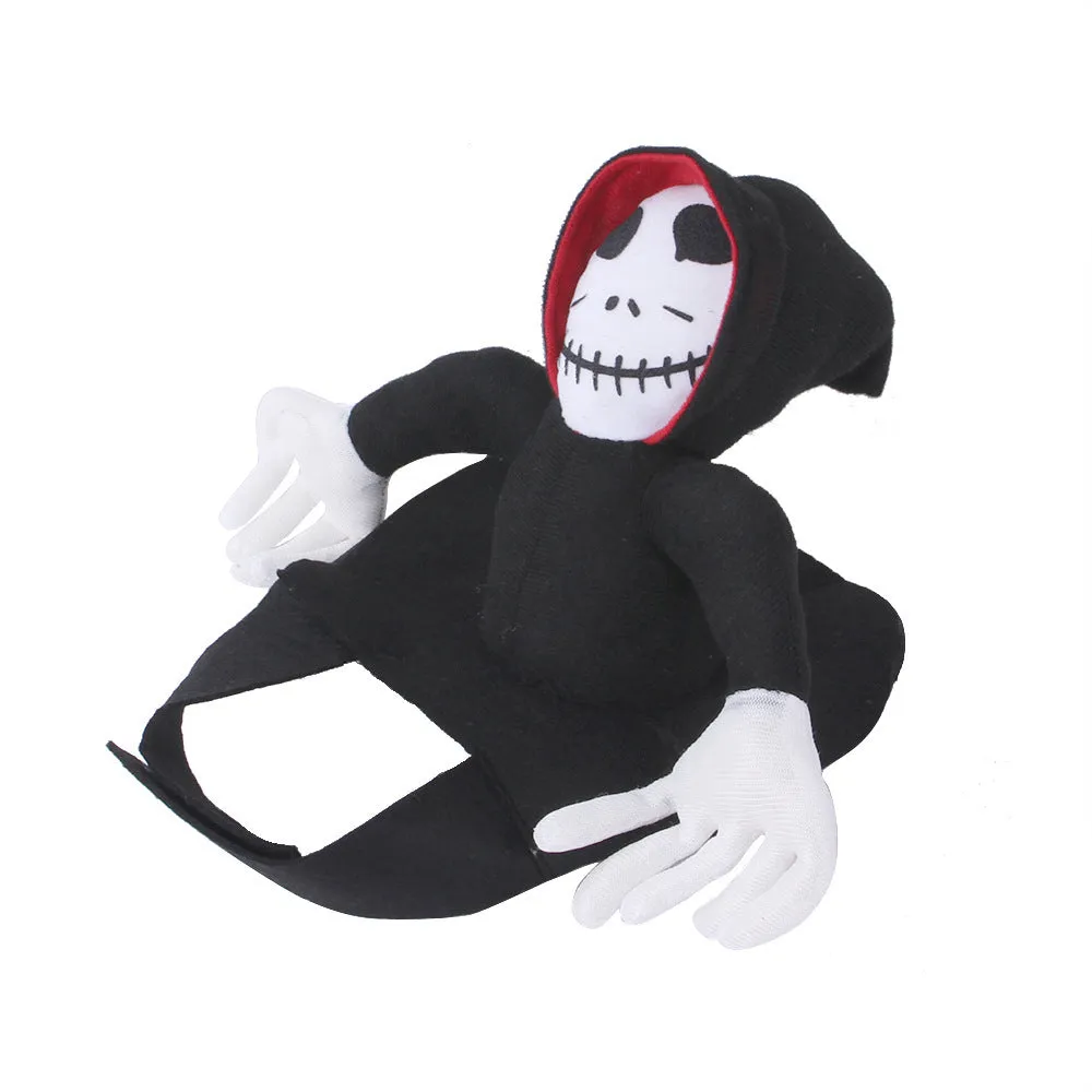 Goblin riding pet Halloween costume made from felt cloth with velcro straps in green colour on a cat or small dog.