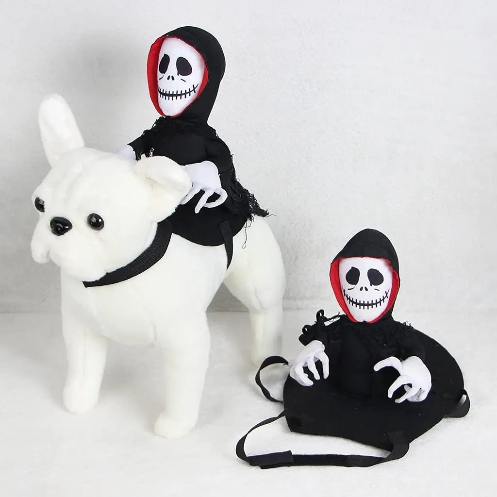 Goblin riding pet Halloween costume made from felt cloth with velcro straps in green colour on a cat or small dog.