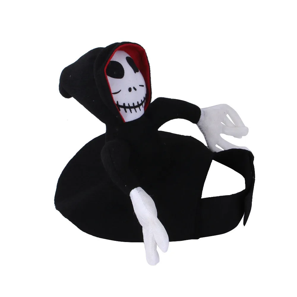 Goblin riding pet Halloween costume made from felt cloth with velcro straps in green colour on a cat or small dog.