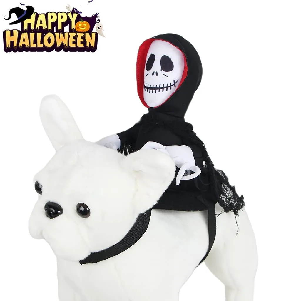 Goblin riding pet Halloween costume made from felt cloth with velcro straps in green colour on a cat or small dog.