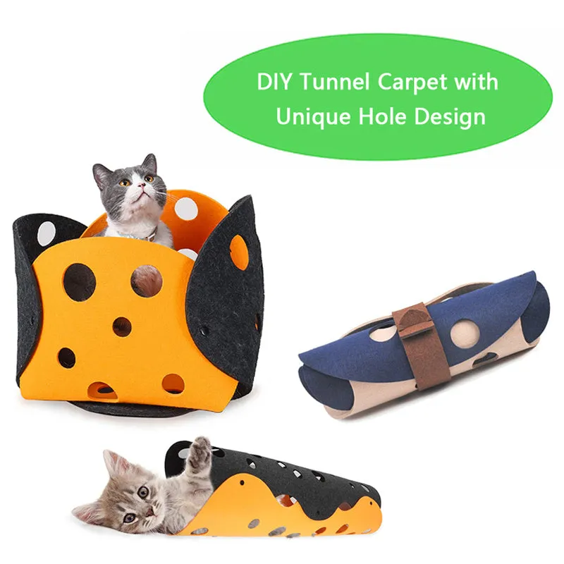 Felt cat tunnel toy 92 x 22 cm deformable kitten nest with peepholes in two-tone colour