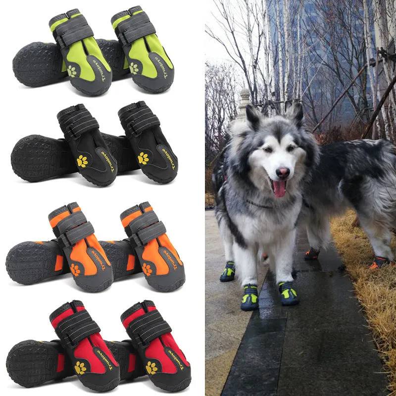 Pair of non-slip waterproof luminous dog shoes in black with double velcro closure