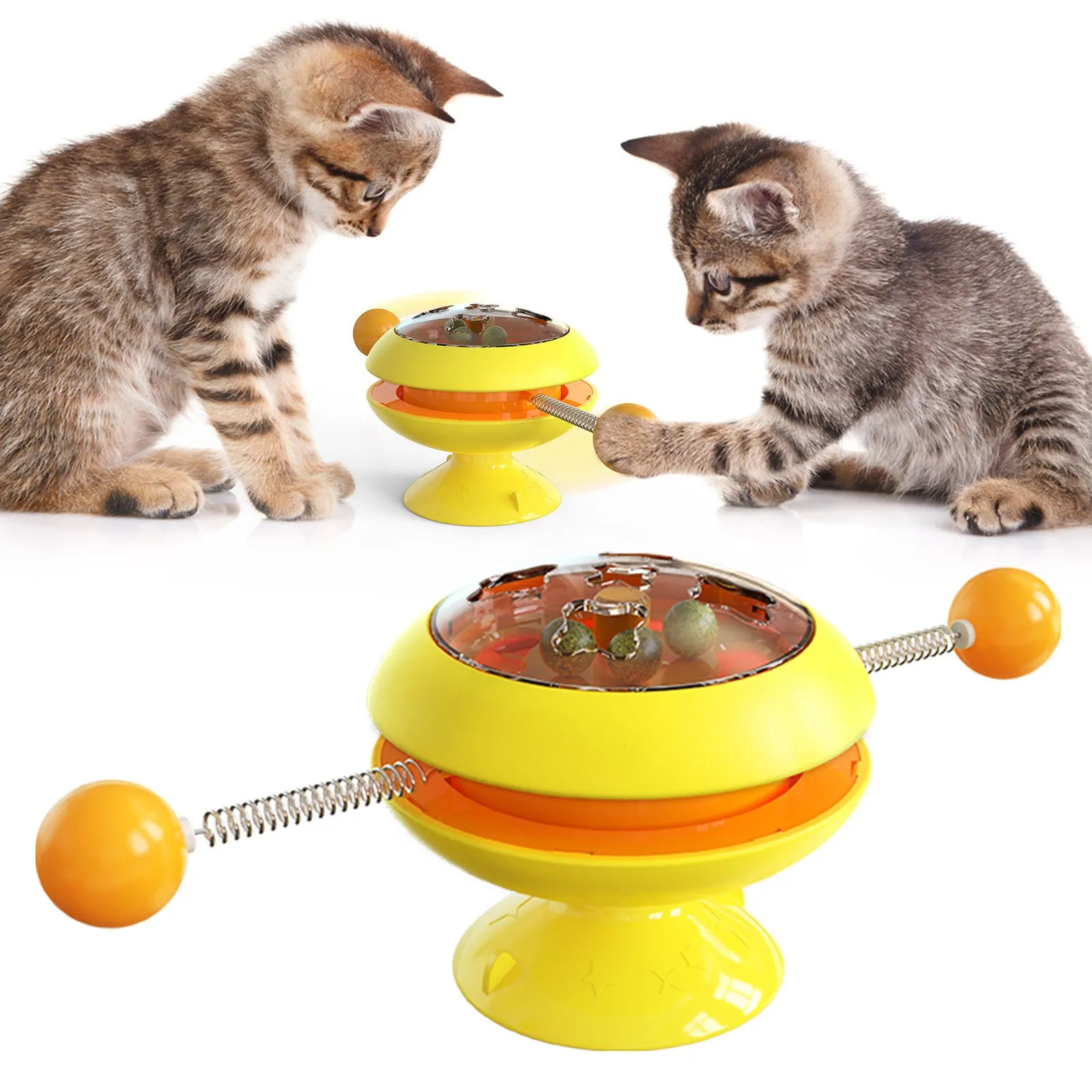 Rotatable cat toy with catnip balls and suction cup base in lake blue, for indoor interactive cat play