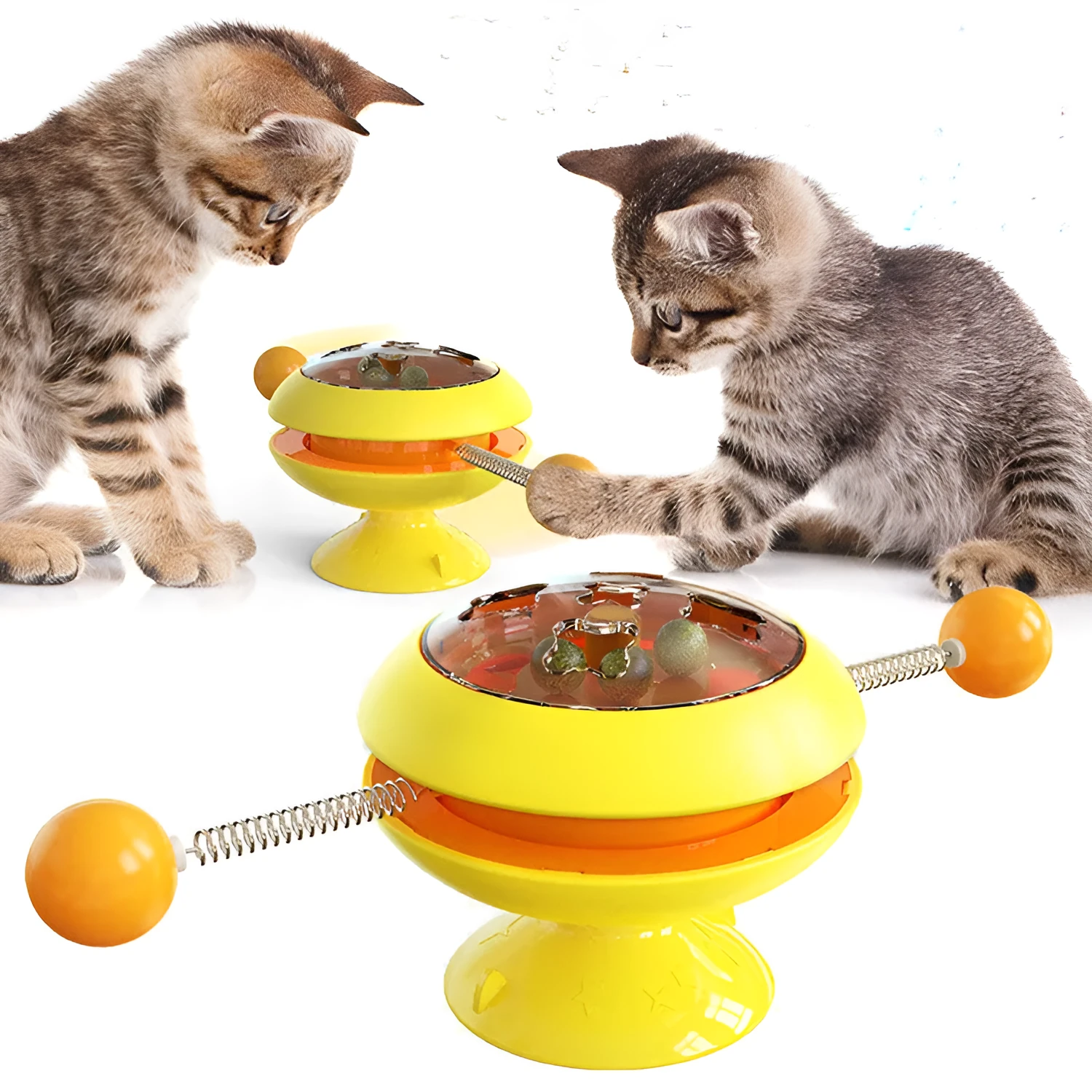 Rotatable cat toy with catnip balls and suction cup base in lake blue, for indoor interactive cat play