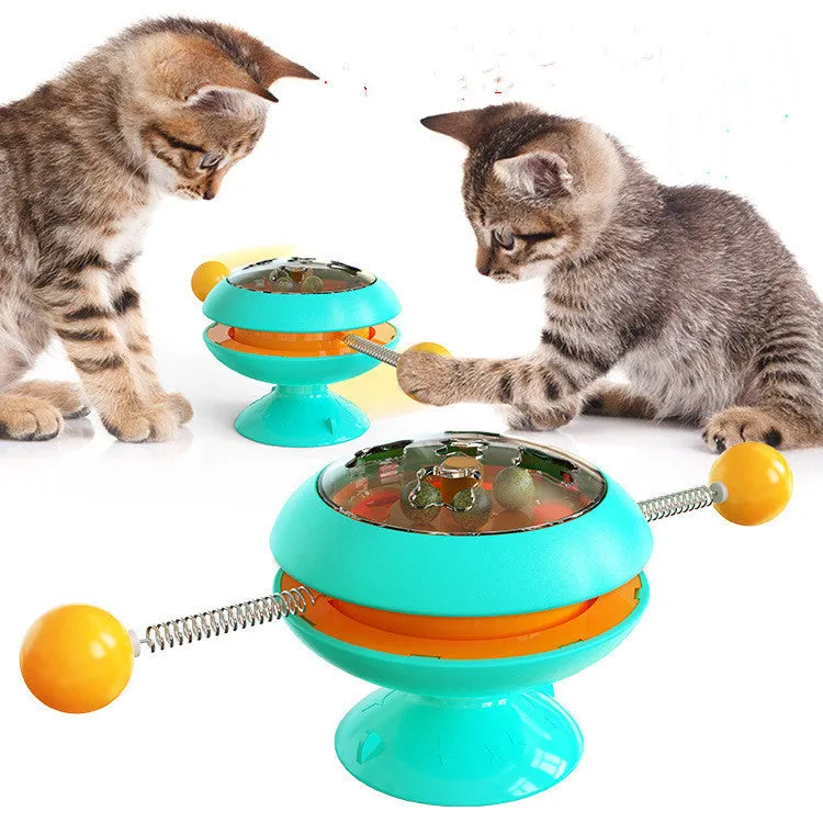 Rotatable cat toy with catnip balls and suction cup base in lake blue, for indoor interactive cat play