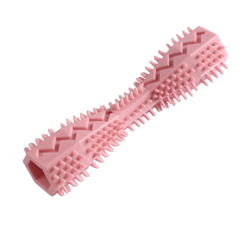 Blue TPR dog chew toy with hexagon shape and serrated surface for teeth cleaning