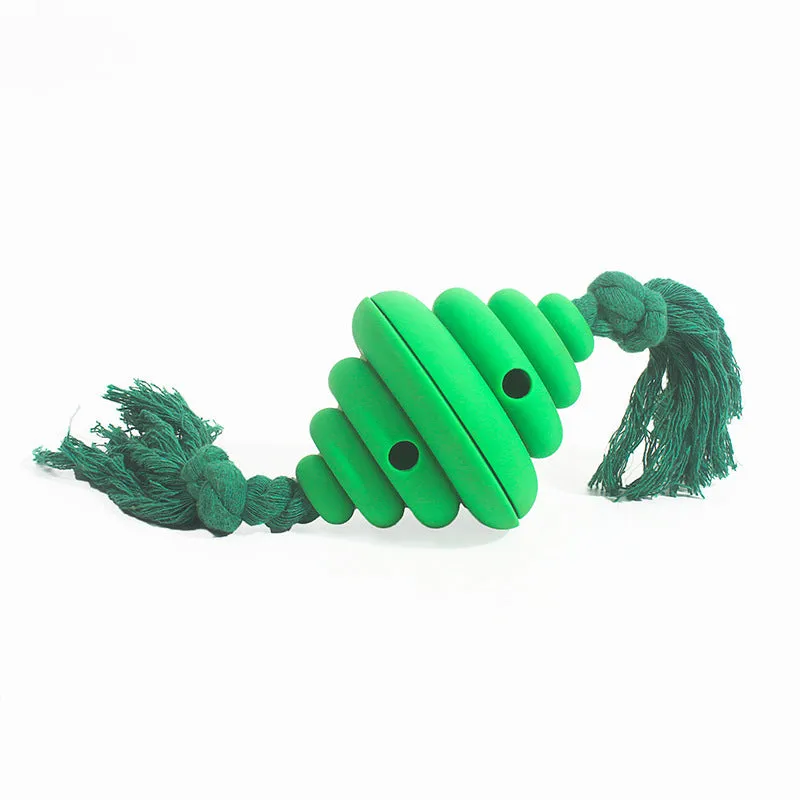 Green rope and ball dog toy with treat dispensing hole for large breeds