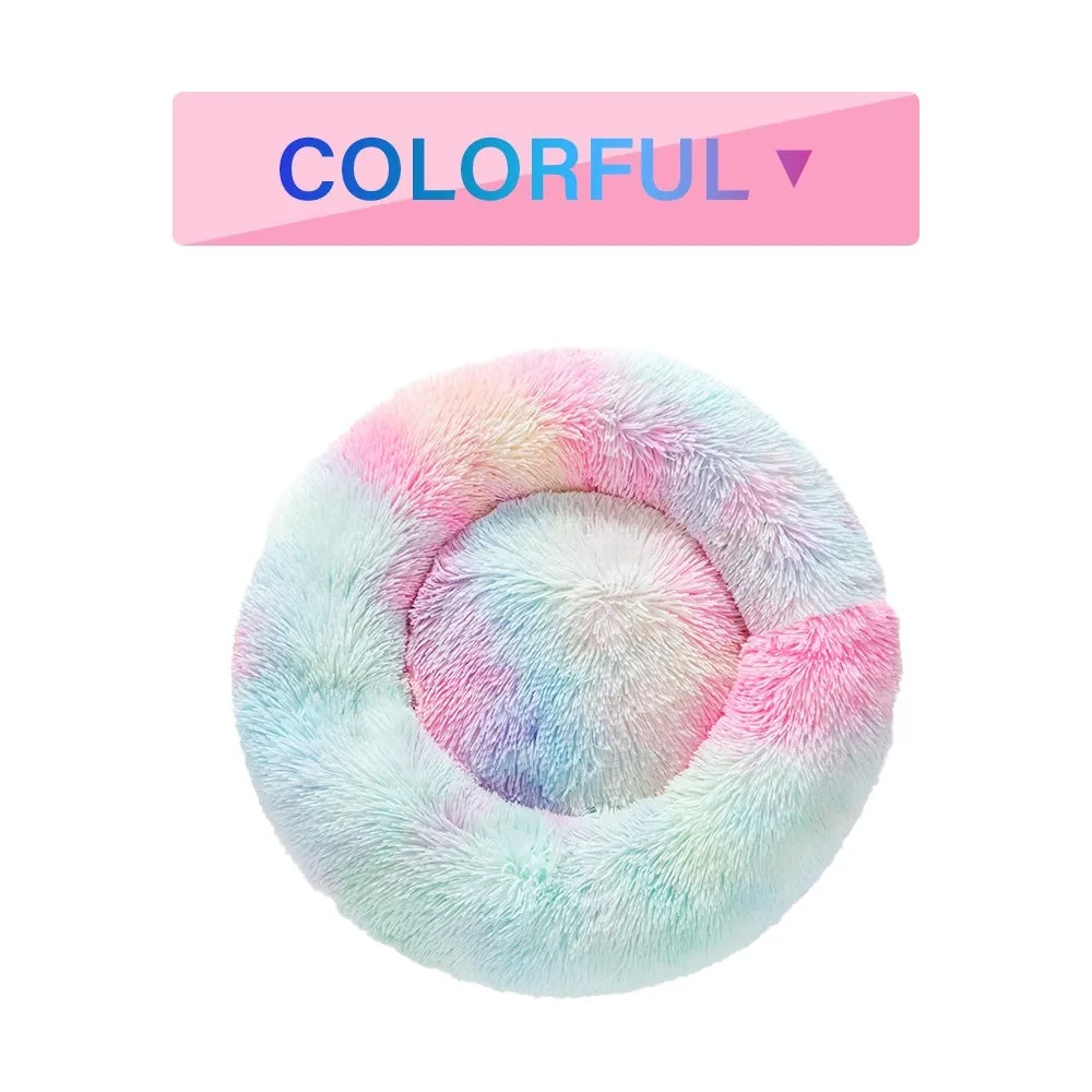 Fluffy donut dog bed in light grey with long plush texture and raised rim