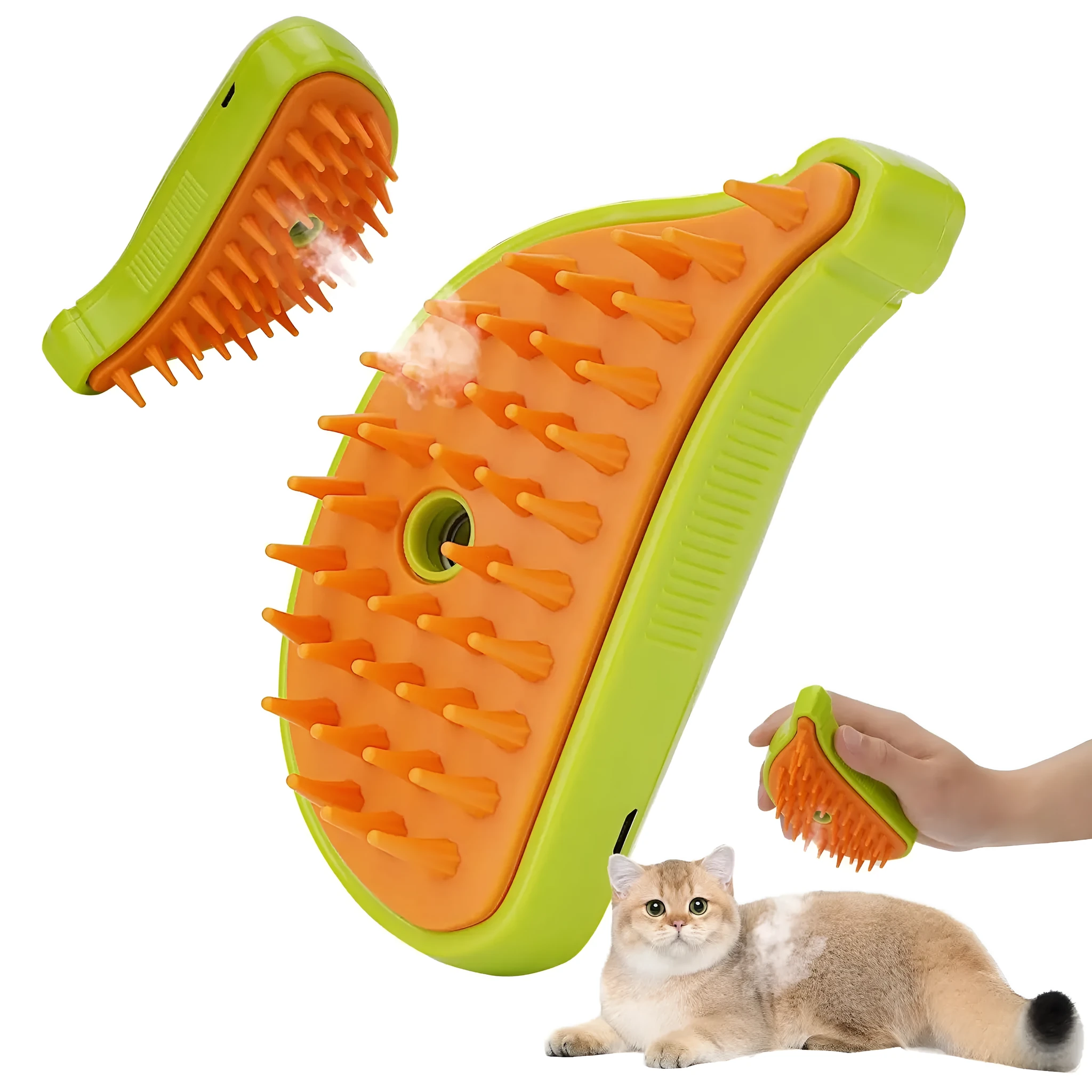 3 in 1 pet steam brush for cats and dogs, USB rechargeable, in green plastic, for grooming and massage